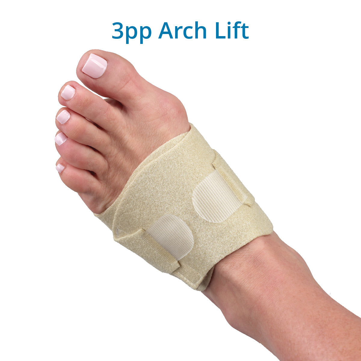 A foot wearing a beige 3pp Arch Lift device designed to support the arch of the foot, with straps and a removable pad.