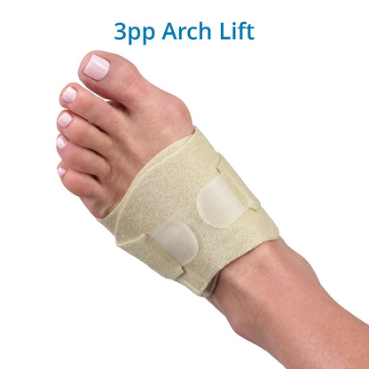 A foot wearing a beige 3pp Arch Lift device designed to support the arch of the foot, with straps and a removable pad.