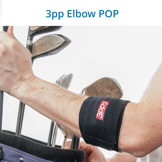 A person’s forearm wearing the 3pp Elbow POP Splint while holding golf clubs, illustrating how the brace provides targeted support for the elbow to relieve pain from tennis or golfer’s elbow (lateral or medial epicondylitis)