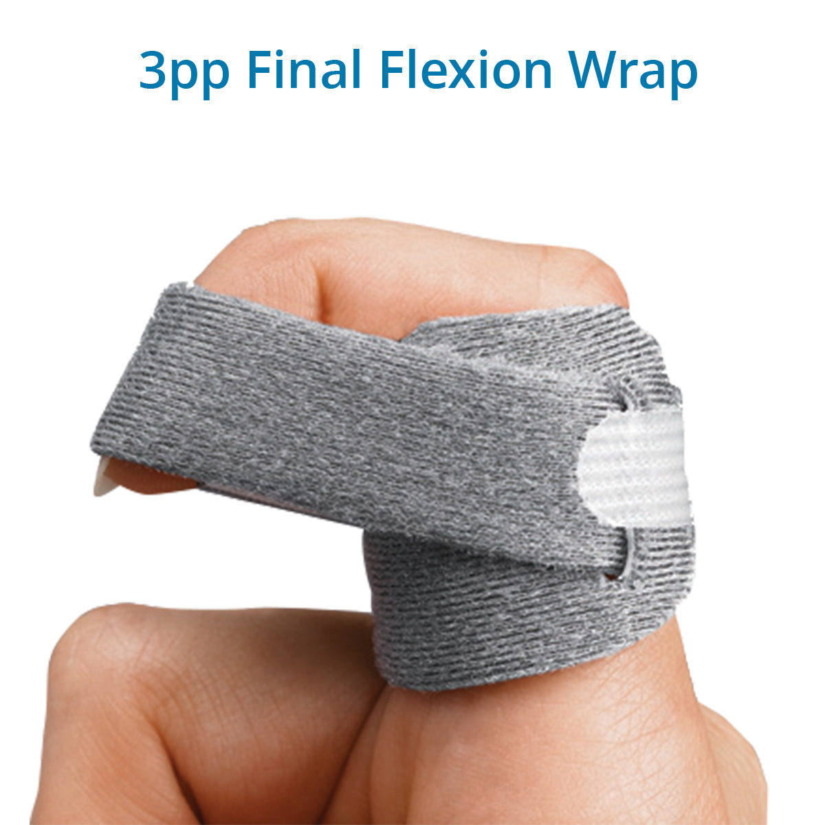 A gray 3pp Final Flexion Wrap shown on a finger, designed to gently stretch and support the fingers to improve flexibility, mobility, and recovery after injury or stiffness