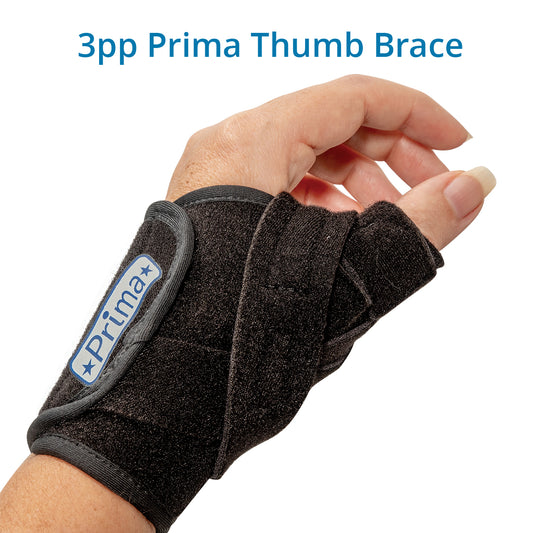 Black 3pp Prima Thumb Brace shown on a hand, featuring adjustable and contoured straps for targeted support and pain relief from CMC thumb arthritis