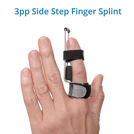 Black 3pp Side Step Finger Splint shown on a finger, featuring metal support and soft, non-slip straps and pads. Designed to gently straighten crooked fingers while providing maximum comfort.