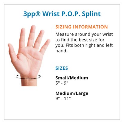 Measurement guide for 3pp Wrist P.O.P. Splint with a hand illustration and size information.