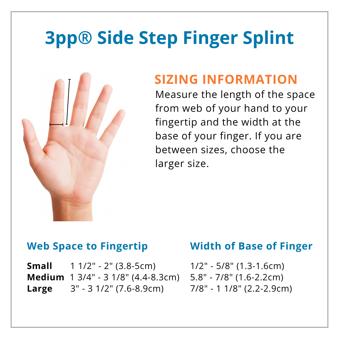 3pp Side Step Finger Splint sizing information with hand measurement guide