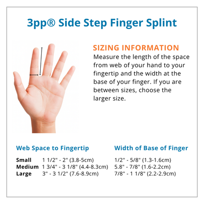 3pp Side Step Finger Splint sizing information with hand measurement guide